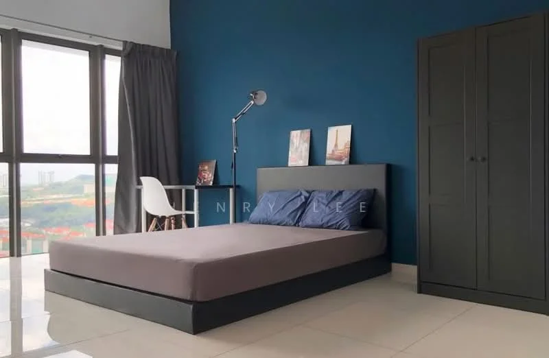 Bedroom features: blue accent wall, light grey bed frame, mattress without bedding, two blue pillows, white desk chair, black wardrobe, floor-to-ceiling windows, curtains, tile flooring, decorative artwork on wall, lamp on bedside, view of landscape outside; style: modern; view: landscape.
