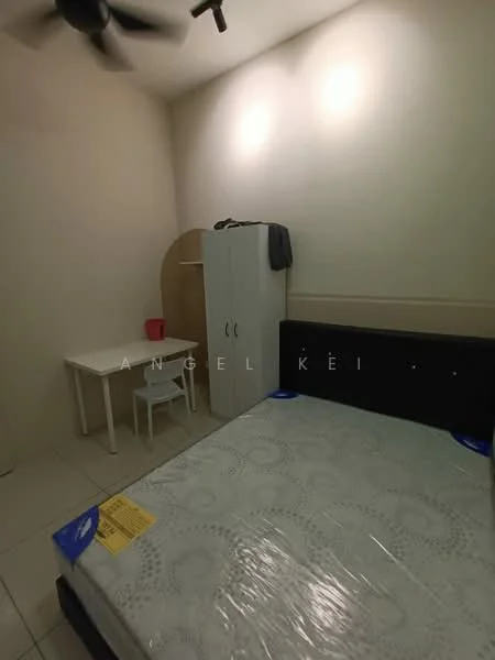 Bedroom features: queen-size bed, white bedding, white painted walls, ceiling fan, study desk, white chair, white wardrobe, tile flooring, window with no visible treatment.
