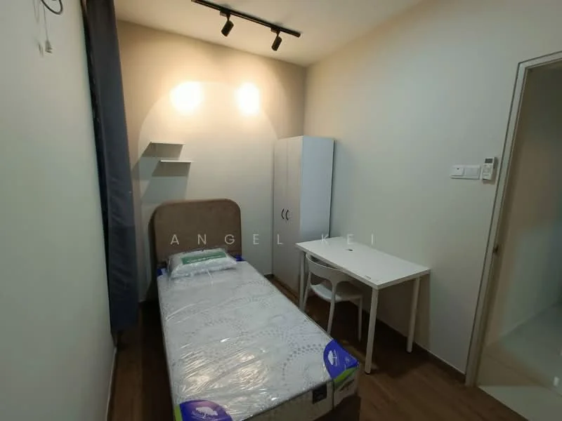 Bedroom features: single bed with mattress, white bedding, wooden flooring, light grey painted walls, track lighting, study desk with chair, white wardrobe, shelf unit on wall; style: modern.