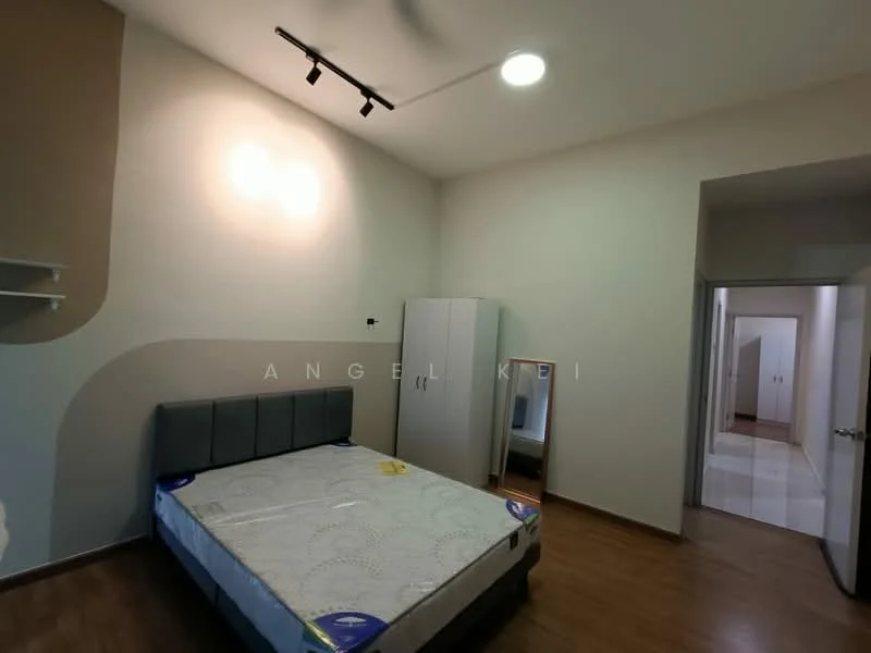 Bedroom features: queen-size bed, upholstered headboard, wooden flooring, white painted walls, ceiling fan, built-in wardrobe, full-length mirror, shelf unit, doorway leading to hallway; style: modern.