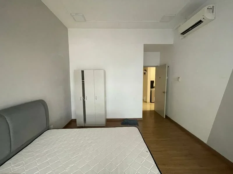 Bedroom features: queen-size bed, grey upholstered headboard, wooden flooring, white painted walls, 1 wall-mounted split AC, built-in wardrobe with sliding doors, doorway leading to another room, neutral-colored bedding; style: modern.