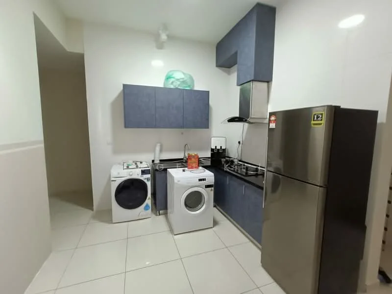 Kitchen features: blue cabinetry, black countertop, stainless-steel range hood, 4-burner gas hob, built-in oven, stainless-steel fridge, front-load washing machine, top-load washing machine, white tiled flooring, white painted walls, under-cabinet lighting; style: modern.