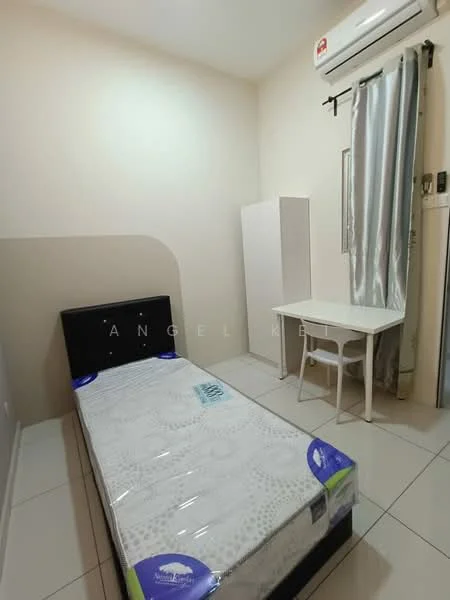 Bedroom features: single bed with mattress, white bed frame, white desk, white chair, built-in wardrobe, wall-mounted air conditioning unit, grey curtains, cream painted walls, glossy tile flooring; style: modern.