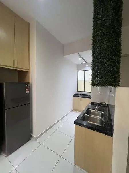 Kitchen features: black granite countertop, single-bowl stainless-steel sink, chrome pull-down faucet, light wood cabinetry, stainless-steel fridge, white tiled flooring, recessed downlights, window with natural light, greenery wall feature; style: modern.
