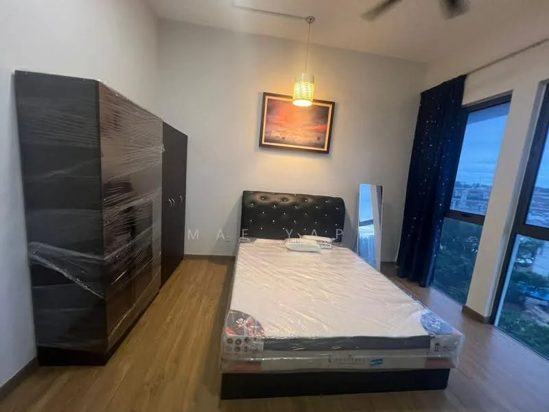 Bedroom features: queen-size bed with upholstered headboard, wooden flooring, white painted walls, built-in wardrobe with sliding doors, floor-to-ceiling windows, curtains, pendant light, decorative artwork on wall, area rug; style: modern; view: city.