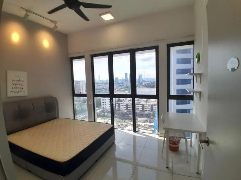 Bedroom features: floor-to-ceiling windows, city view, white painted walls, white ceiling, 5-blade ceiling fan with light, tile flooring, queen-size bed frame, study desk, open shelving, wastebasket; style: modern; view: city.