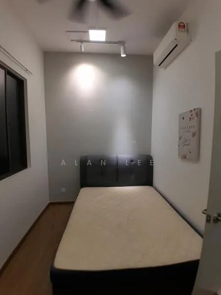 Bedroom features: queen-size bed base without mattress, white painted walls, wooden flooring, 1 wall-mounted split AC, ceiling fan, window with black frame, decorative wall art, track lighting; style: modern.
