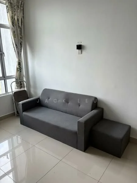 Living features: grey fabric sofa, small ottoman, floor-to-ceiling windows, white painted walls, glossy ceramic tile flooring, curtains with floral pattern, wall-mounted light fixture; style: modern.
