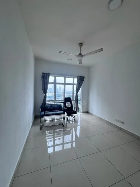 Room features: white painted walls, glossy ceramic tile flooring, 5-blade ceiling fan, floor-to-ceiling windows, sheer curtains, city view, office chair, metal frame desk, natural light; style: modern; view: city.