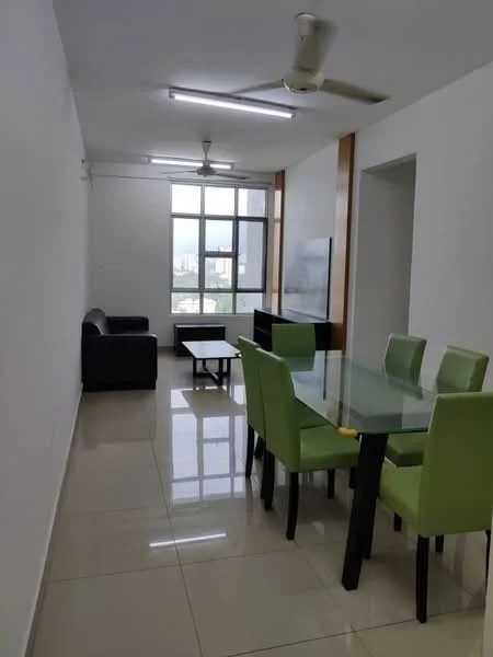 Living features: 3-seater fabric sofa in black, glass coffee table, dining table with glass top, 4 green upholstered dining chairs, white painted walls, tile flooring, 2 ceiling fans with lights, large windows with city view, TV console against wall; style: modern; view: city.