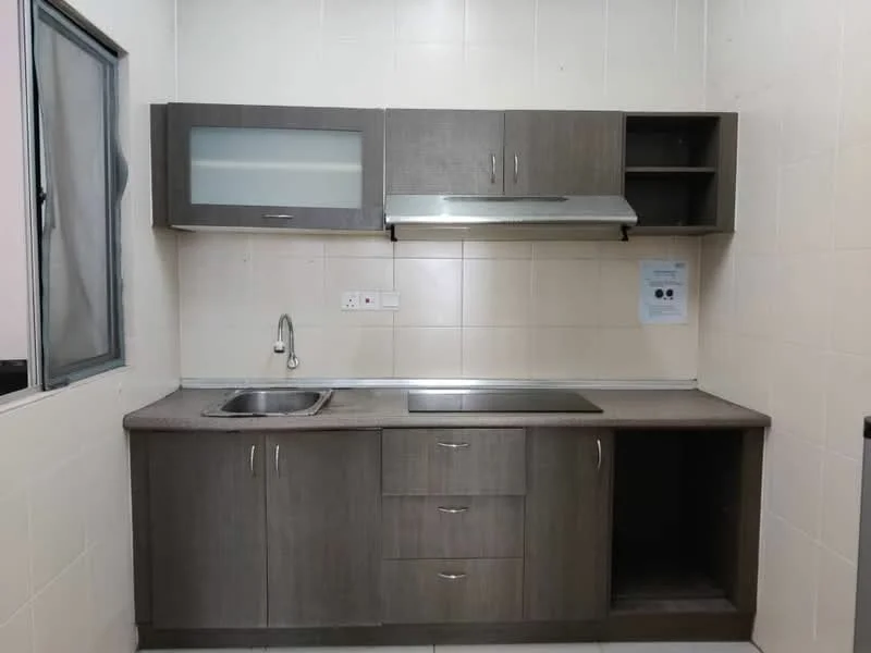 Kitchen features: grey laminate cabinetry, stainless-steel sink, chrome faucet, built-in stove, exhaust hood, countertop with grey finish, white tiled backsplash, window with black frame, open shelving above countertop, cupboard space below countertop; style: modern.