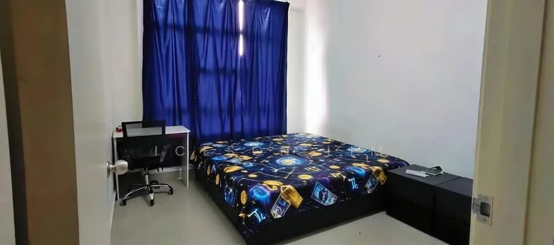 Bedroom features: queen-size bed with space-themed bedding, black bedside table, desk with chair, floor-to-ceiling window with blue curtains, light-colored walls, tile flooring, minimalist decor; style: modern.
