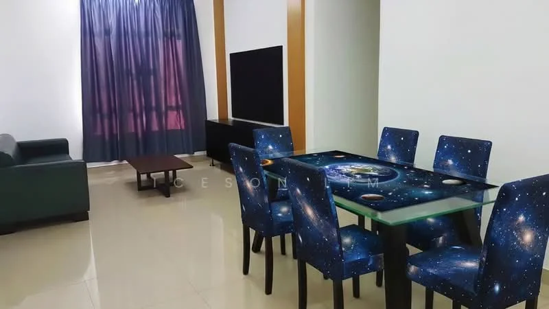 Dining features: dining table with galaxy print, 6 upholstered dining chairs with galaxy print, ceramic tile flooring, white painted walls, large window with dark blue curtains, wall-mounted TV, black TV console, green fabric sofa, decorative wall paneling; style: modern.