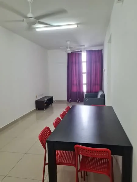 Dining features: black dining table, 4 red plastic dining chairs, white painted walls, glossy tile flooring, 2 ceiling fans, large window with purple curtains, sofa in dark color, sideboard or storage unit; style: modern.