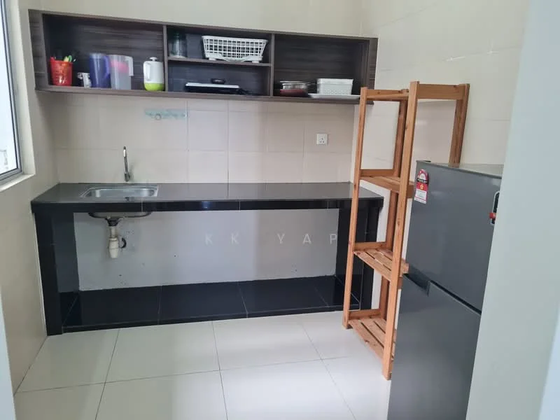 Kitchen features: single-bowl stainless-steel sink, chrome faucet, black countertop, white tiled backsplash, wooden shelving unit, stainless-steel fridge, white painted walls, ceramic tile flooring, open shelving above countertop; style: modern.