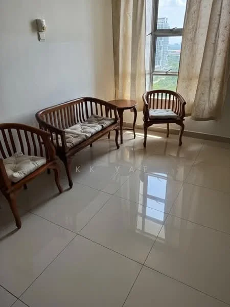 Room features: white painted walls, glossy ceramic tile flooring, large window with city view, sheer curtains, wooden armchairs with cushions, wooden side table; style: modern; view: city.