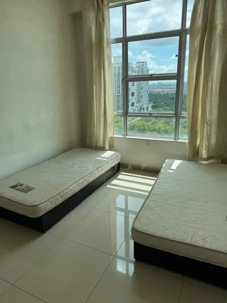 Bedroom features: two single beds, large floor-to-ceiling windows, white painted walls, glossy tile flooring, curtains, city view, no visible closet, minimal decor; style: modern; view: city.