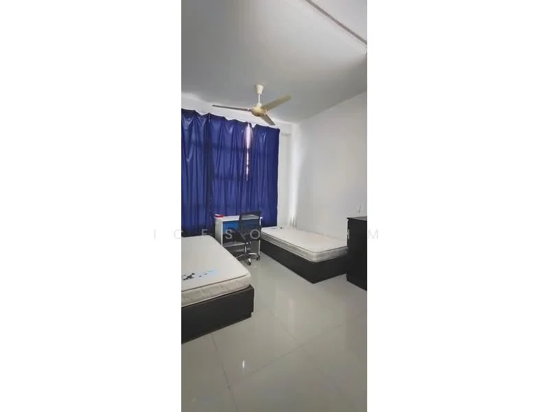 Bedroom features: white painted walls, glossy tile flooring, ceiling fan, two single beds, black bedside tables, blue curtains, desk with chair, window with natural light; style: modern.