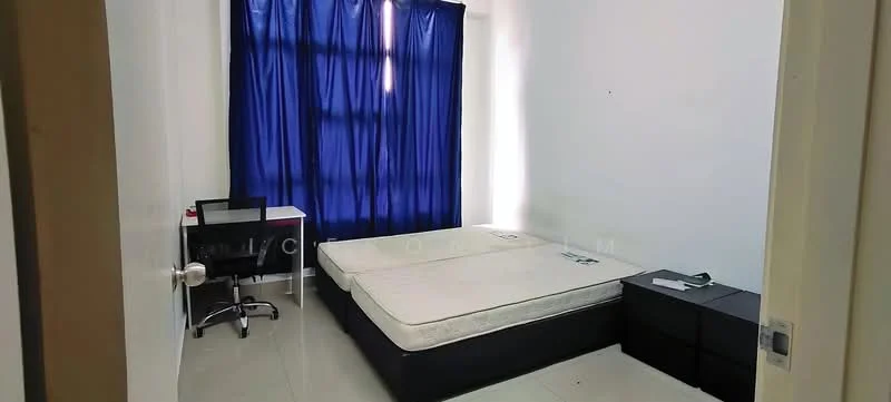 Bedroom features: two single mattresses on bed frame, blue curtains, white painted walls, tile flooring, desk with chair, window with natural light, black storage unit, minimal decor; style: minimalist.