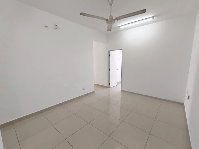 Room features: white painted walls, glossy ceramic tile flooring, ceiling fan, fluorescent ceiling lights, doorway leading to another room, neutral color scheme; style: modern.
