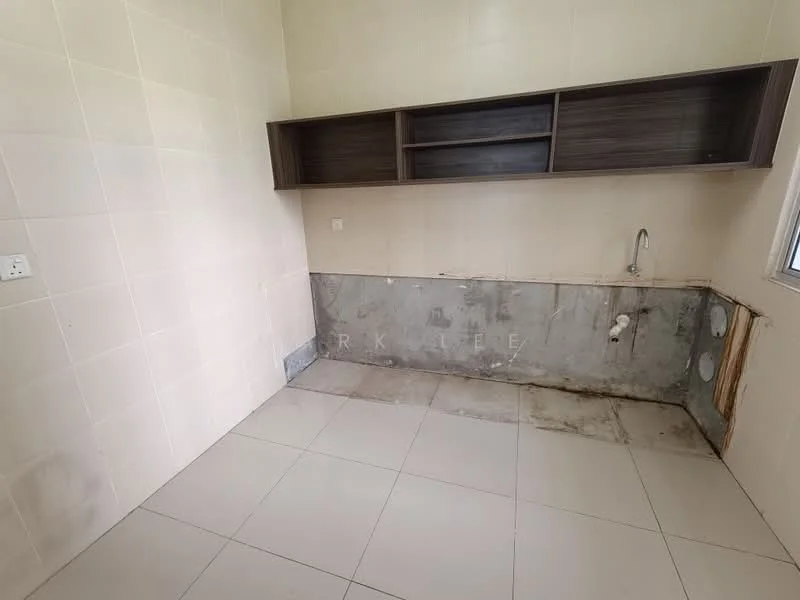 Room features: white tiled walls, light grey floor tiles, wooden wall-mounted shelving, exposed plumbing, sink with faucet, unfinished wall section, no visible appliances, no cabinetry; style: minimalist.