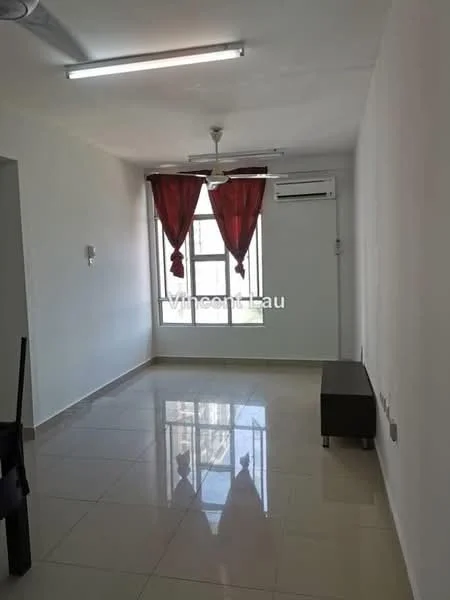 Living features: white painted walls, glossy ceramic tile flooring, 5-blade ceiling fan with light, floor-to-ceiling windows, red curtains, wall-mounted split AC, TV console, light fixture, neutral decor; style: modern.