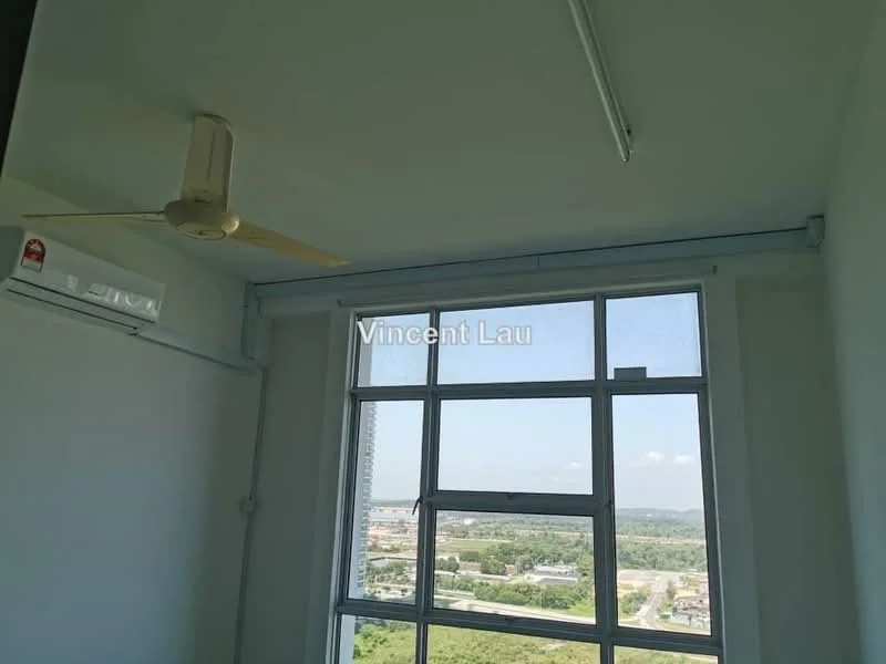 Room features: white painted walls, ceiling fan, floor-to-ceiling windows, city view, air conditioning unit, natural light; view: city.