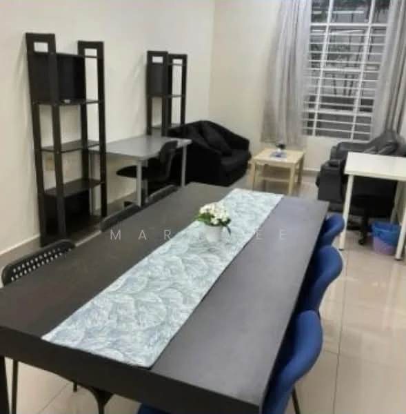 Dining features: rectangular dining table in dark wood, blue upholstered dining chairs, table runner with floral pattern, white walls, tile flooring, large window with sheer curtains, decorative flower arrangement, black shelving unit, small side table in light wood, black fabric sofa, study desk with chair; style: modern.