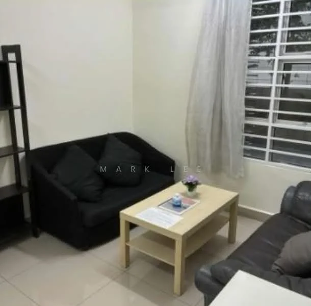 Living features: black fabric sofa, grey leather sofa, coffee table with light wood finish, tile flooring, white painted walls, window with horizontal blinds, decorative plant on table, shelves for storage; style: modern.