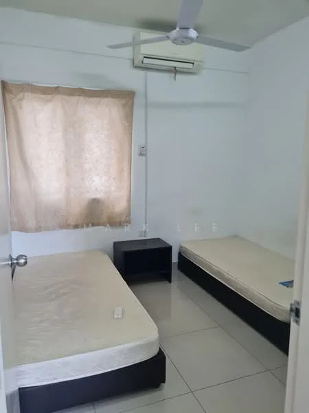 Bedroom features: 2 single beds, white beddings, nightstand, wall-mounted split AC, cream curtains, white painted walls, glossy tile flooring, ceiling fan.