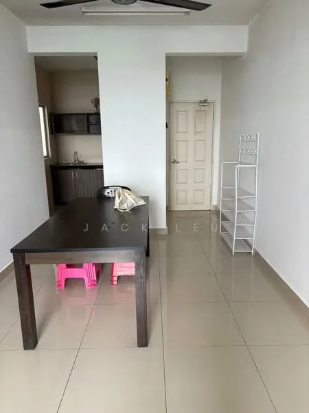 Dining features: dark wooden dining table, pink plastic stools, white walls, ceramic tile flooring, ceiling fan, open layout to kitchen, doorway to hallway, shelving unit, kitchenette visible in background; style: modern.