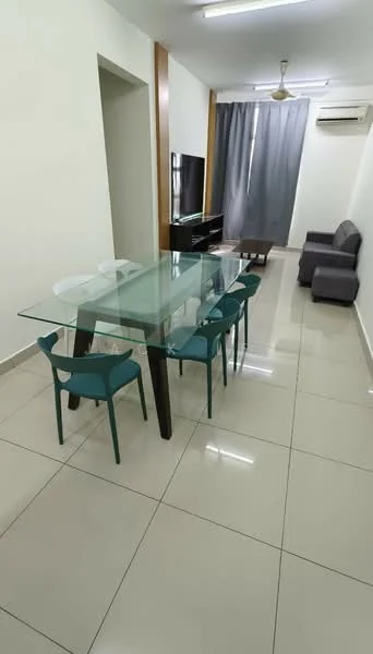 Living features: glass dining table with black legs, 6 teal dining chairs, grey 2-seater sofa, black TV console, wall-mounted TV, floor-to-ceiling windows with grey curtains, white painted walls, cream tiled flooring, 1 ceiling fan, 1 wall-mounted split AC; style: modern.