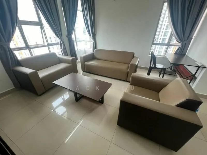 Living features: two 3-seater sofas in beige, two armchairs in beige, glass coffee table, floor-to-ceiling windows, curtains in grey, neutral wall colour, glossy tile flooring, study desk with chair; style: modern; view: city.