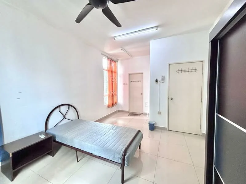 Bedroom features: single bed frame, mattress, wooden bedside table, white painted walls, tile flooring, ceiling fan, window with sheer curtains, light fixture, built-in wardrobe, door to hallway; style: minimalist.