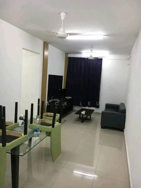 Living features: grey leather sofa, coffee table, wall-mounted TV, ceiling fan, white painted walls, tile flooring, black curtains, dining table with green placemats, water bottle on table; style: modern.