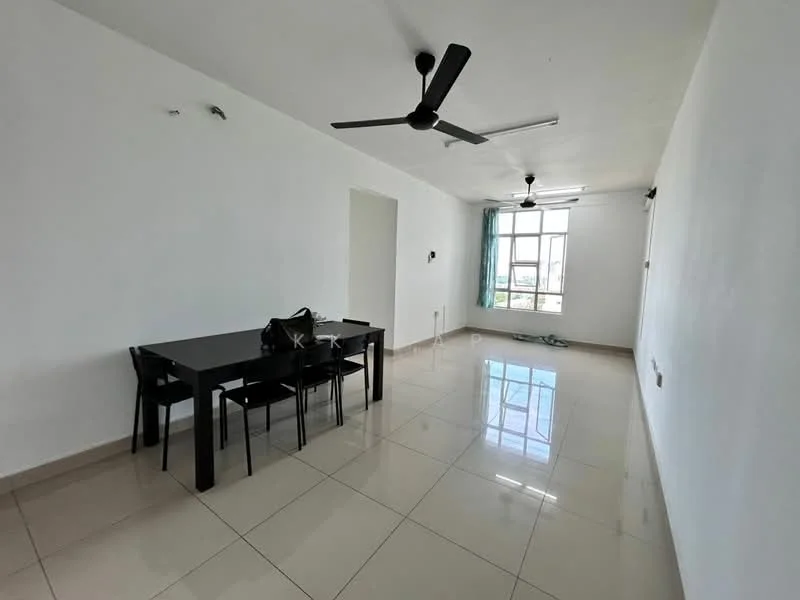 Dining features: white painted walls, glossy ceramic tile flooring, 5-blade ceiling fan, dining table with 4 black chairs, large window with city view, curtains, light fixture, air conditioning unit; style: modern; view: city.