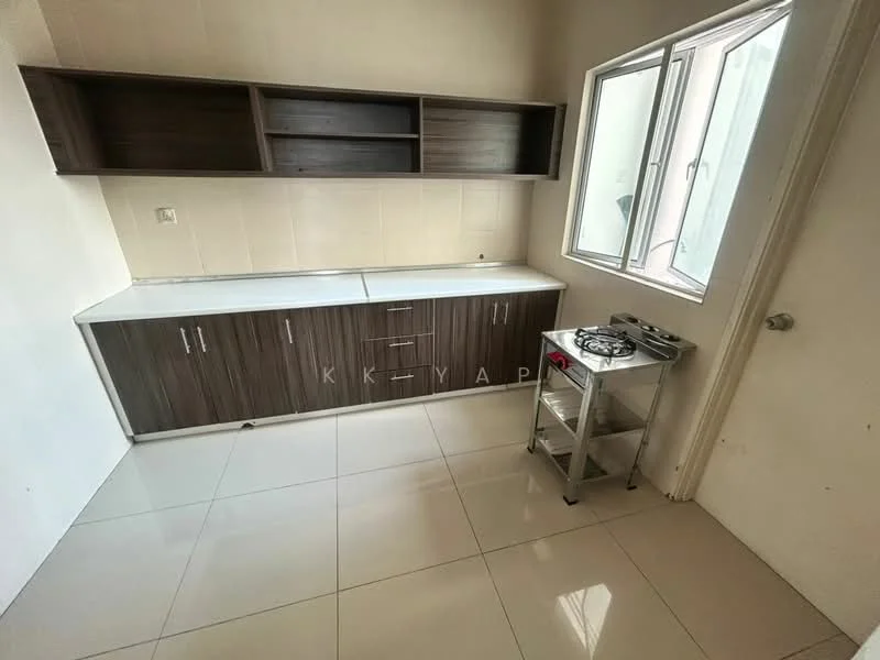 Kitchen features: white countertop, dark wood cabinetry, wall-mounted shelves, single-bowl stainless-steel sink, gas stove on metal cart, glossy tile flooring, window with natural light, neutral wall color; style: modern.