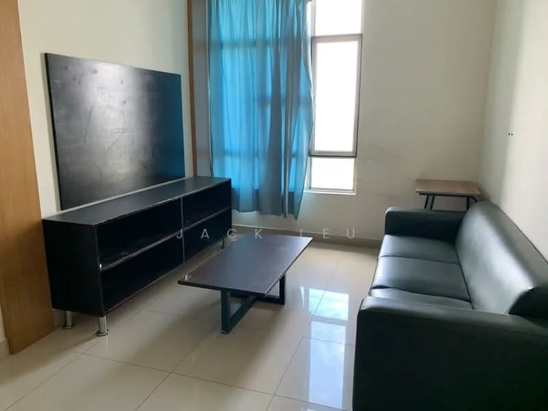 Living features: black leather sofa, wood coffee table, black TV console, floor-to-ceiling window, blue sheer curtains, white painted walls, glossy tile flooring; style: modern.
