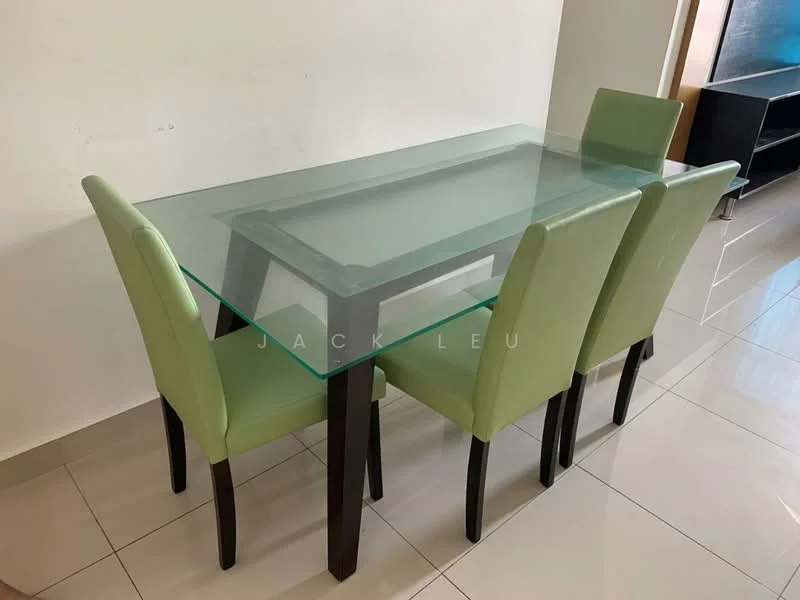 Dining features: glass dining table, 4 green upholstered dining chairs, rectangular table shape, polished tile flooring, neutral wall color, minimalist design; style: modern.
