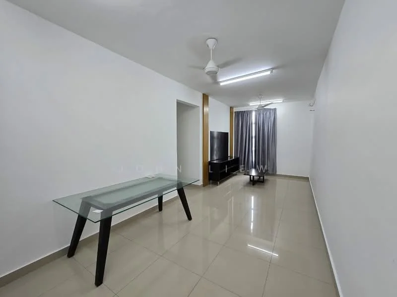 Living features: white painted walls, glossy ceramic tile flooring, 5-blade ceiling fan with light, LED ceiling lights, glass-top dining table with black legs, wall-mounted TV, curtains with sheer and blackout options, TV console, neutral color scheme; style: modern.