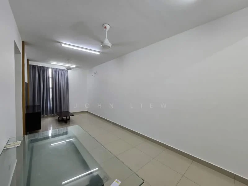Living features: white painted walls, tile flooring, ceiling fan, large window with sheer curtains, glass coffee table, dark wood TV console, neutral color scheme, recessed lighting; style: modern.
