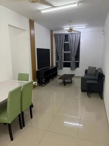Living features: white painted walls, glossy tile flooring, 5-blade ceiling fan with light, large window with sheer curtains, black TV console, wall-mounted TV, green fabric sofa, coffee table, dining table with 4 green chairs, decorative cushions; style: modern.