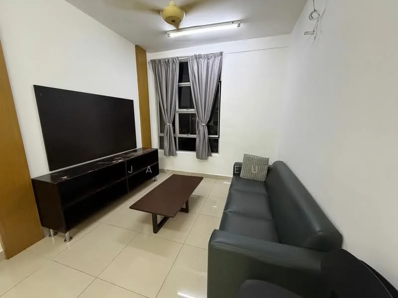 Living features: black leather sofa, wooden coffee table, TV console, wall-mounted TV, floor-to-ceiling windows, grey curtains, white painted walls, tile flooring, ceiling fan with light, recessed lighting; style: modern.