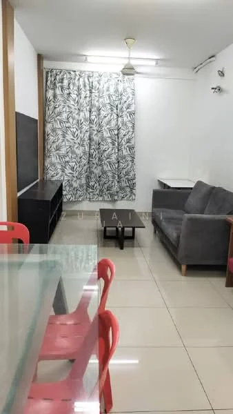 Living features: grey fabric sofa, coffee table, wall-mounted TV, floor-to-ceiling windows with sheer curtains, ceiling fan, white painted walls, tile flooring, decorative wall sconce; style: modern. Dining features: glass dining table, 4 red plastic chairs; style: modern.