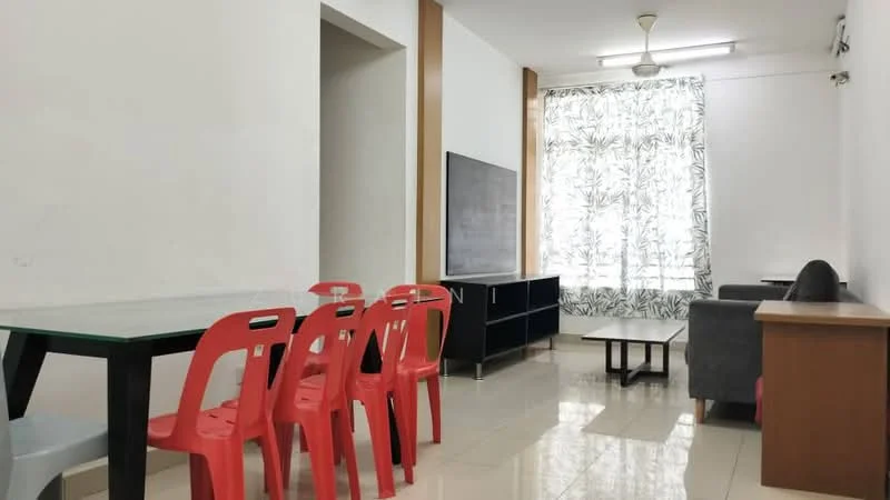 Living features: white painted walls, glossy tile flooring, 5-blade ceiling fan with light, large window with sheer curtains, black TV console, wall-mounted TV, grey fabric sofa, coffee table, dining table with 6 red plastic chairs; style: modern.