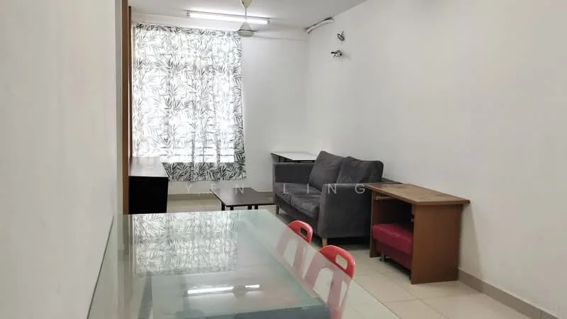 Living features: grey fabric sofa, wooden coffee table, glass dining table, red dining chairs, white walls, tile flooring, floor-to-ceiling window with sheer curtains, ceiling fan with light, wooden side table; style: modern.