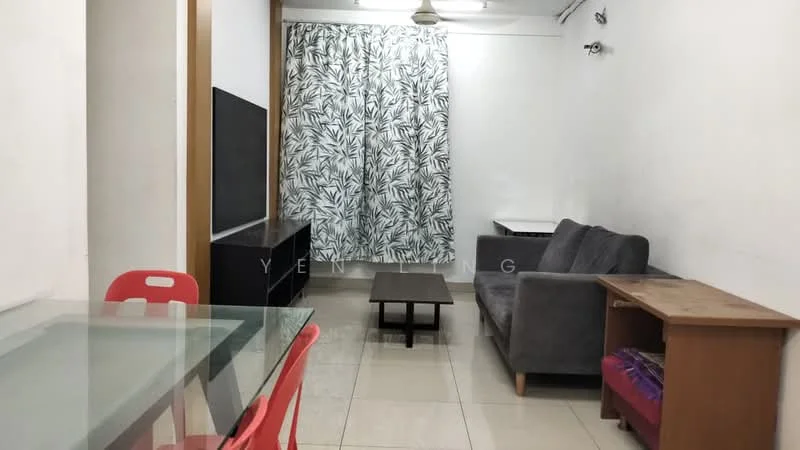 Living features: grey fabric sofa, coffee table, TV console, wall-mounted TV, dining table with glass top, red dining chairs, white curtains with leaf pattern, tile flooring, ceiling fan; style: modern.