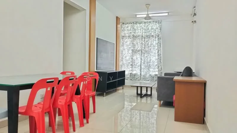 Living features: white painted walls, glossy tile flooring, 5-blade ceiling fan with light, large window with sheer curtains, grey fabric sofa, black TV console, wooden side table, glass dining table with black legs, 4 red plastic dining chairs, decorative wall art; style: modern.