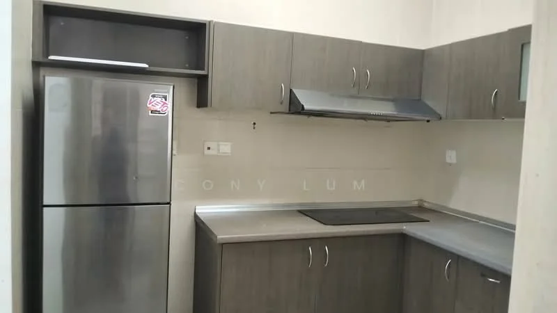 Kitchen features: stainless-steel fridge, grey laminate cabinetry, silver range hood, black countertop, ceramic tile backsplash, single-bowl stainless-steel sink, built-in oven, wall-mounted cabinets, drawer storage, under-cabinet lighting; style: modern.