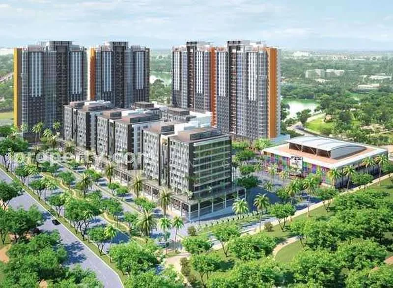 Exterior type: high-rise condominium; features: multiple high-rise buildings, landscaped gardens, palm trees, swimming pool area, open-air parking, clubhouse, manicured lawns, walkways, modern architectural design, glass curtain wall, balconies on upper floors; style: modern.